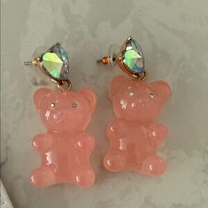 Betsey Johnson Pink Bear Earrings with Iridescent Accents